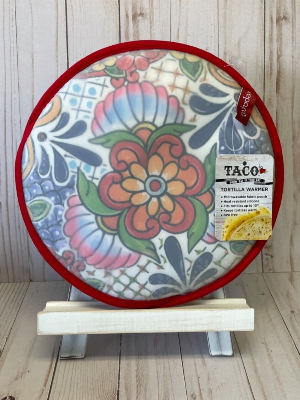 Prepara 10" Tortilla Shell Warmer Microwave Red Fiesta Print Fabric Silcone NEW